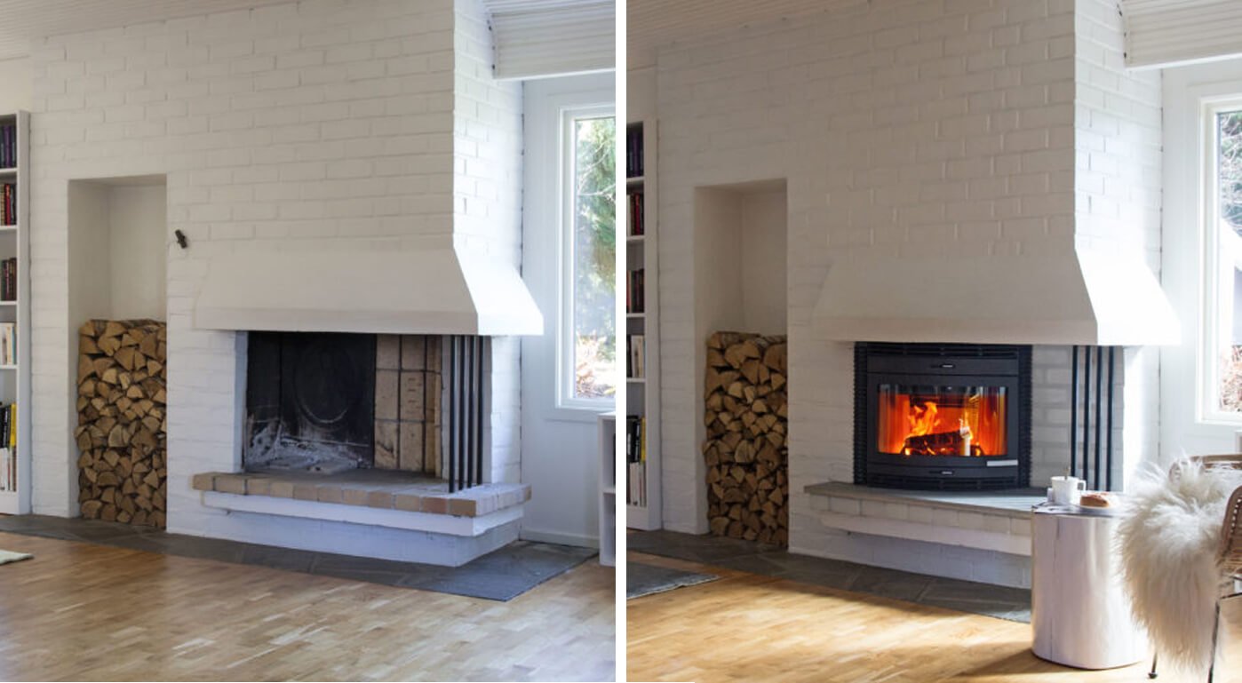 Før-/etter-bilde av åpen grue med innsatt peiskassett Jøtul C 400 Panorama