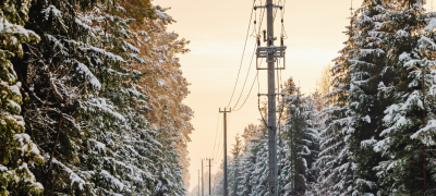 Strømledninger i vinterlandskap