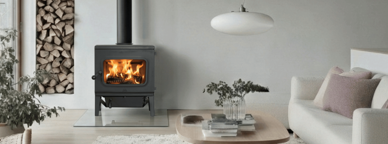 Sort vedovn i klassisk stil med glassdør i et lyst interiør